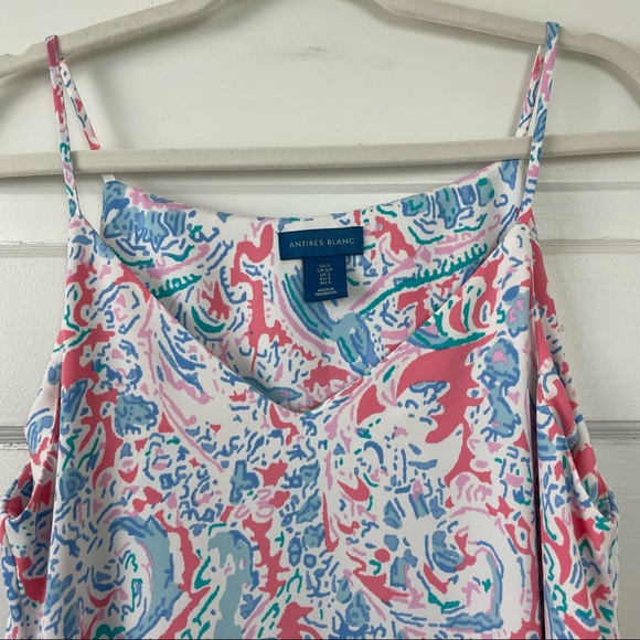 Antibes Blanc Blue Pink Floral V-Neck Cami Strap Butterfly Hem Swing Sundress S - Picture 3 of 11